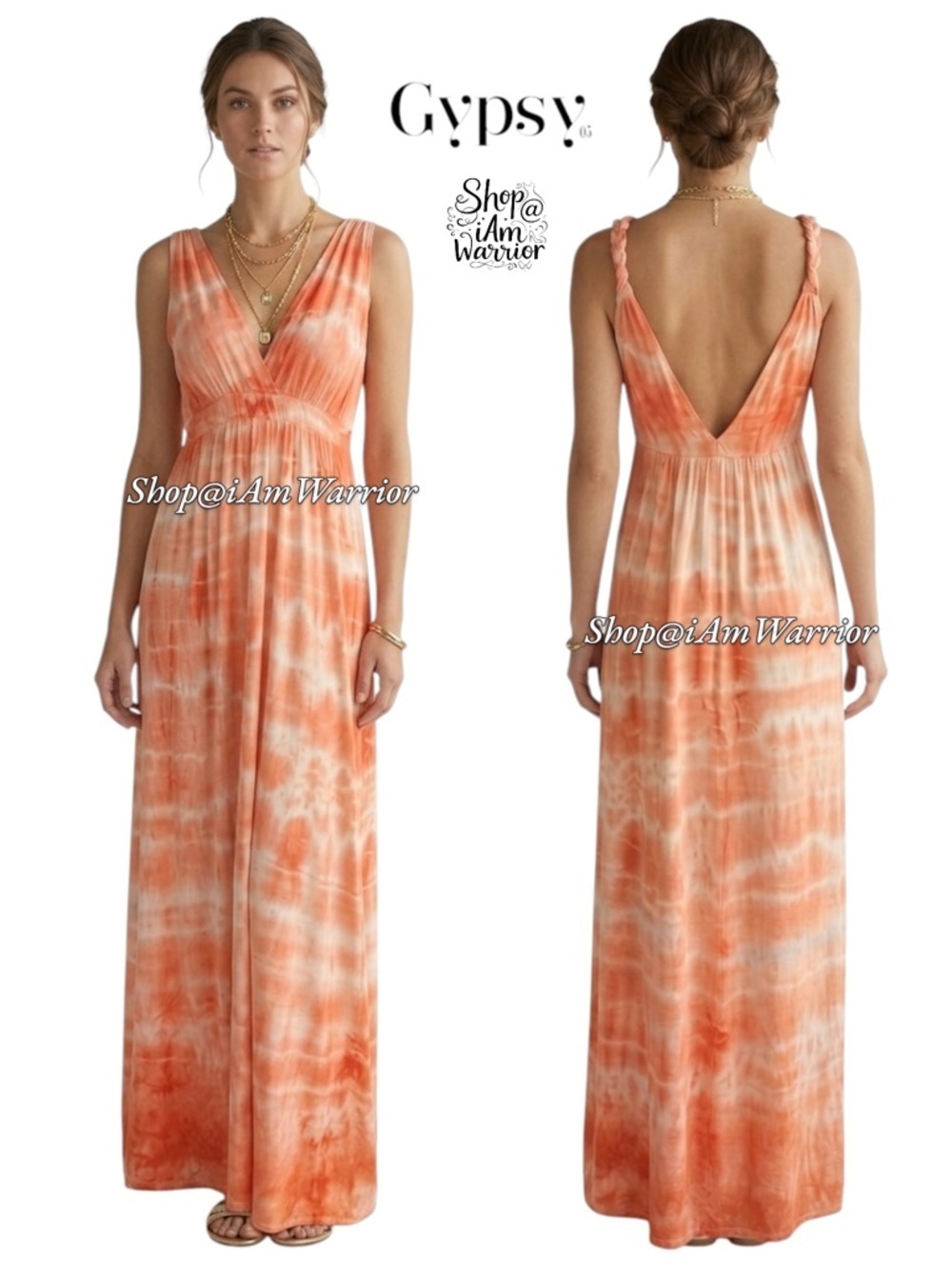 Gypsy 05 Coral Tie-Dye Boho V-Neck Empire Waist Maxi Dress *shop@iamwarrior